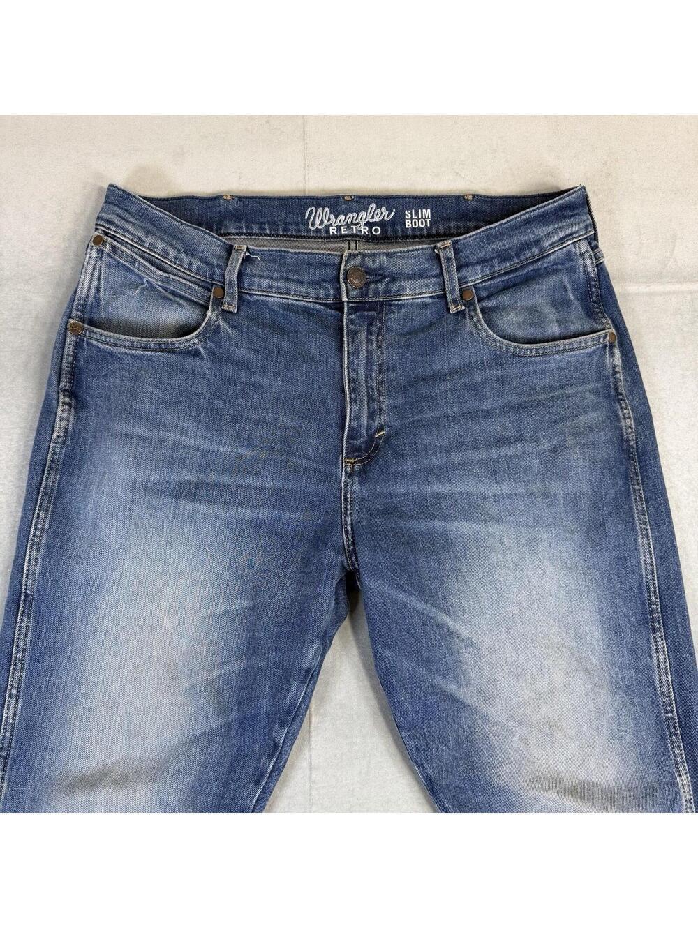 Wrangler Retro Jeans Mens 36x30 Blue Medium Wash Slim Bootcut Cowboy Denim - Picture 2 of 8